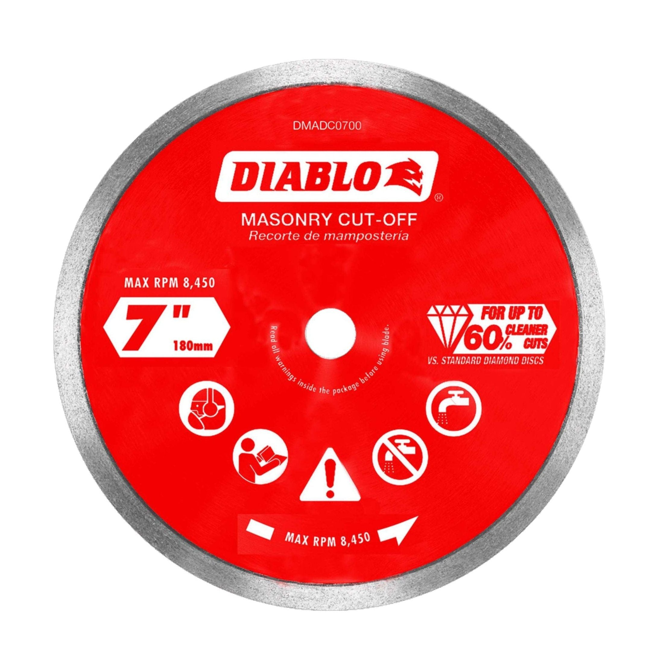 The Diablo DMADC0700 7 in. Diamond Continuous Rim Masonry Cut-Off Disc features a 7-inch diameter, max RPM of 8,450, a silver rim with industrial-grade diamonds for precise cutting, and includes icons for safety, cleaner cuts, and standard warnings.
